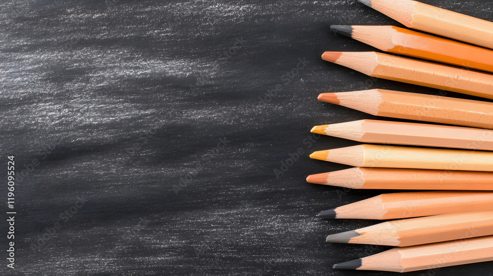 Poster a row of sharpened colored pencils rests against a black chalkboard surface, showcasing their vibran