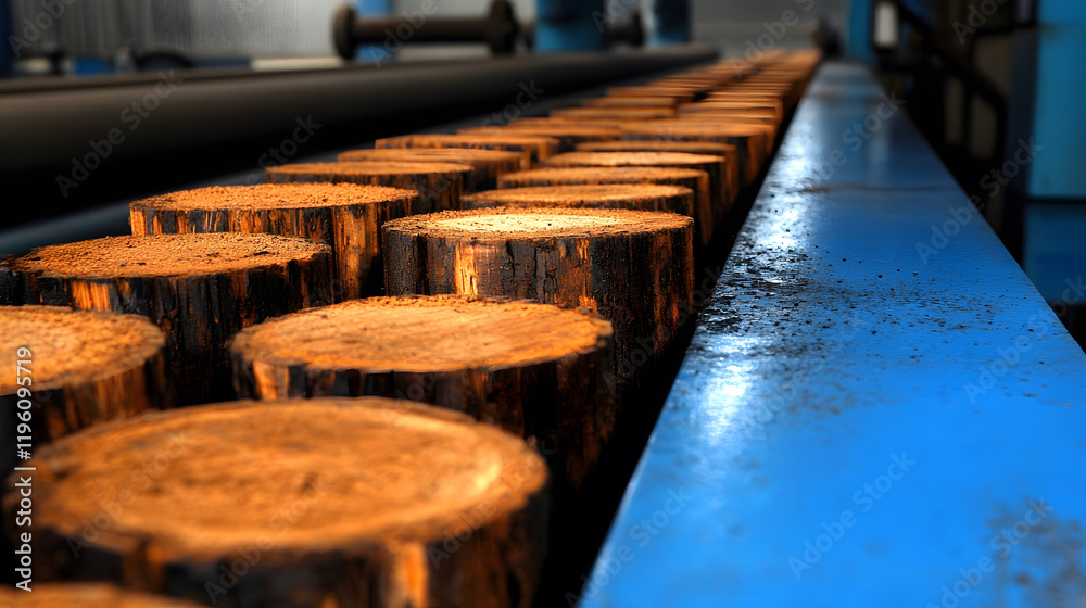 Poster a close-up view of neatly arranged wooden logs on a conveyor belt in an industrial setting, showcasi