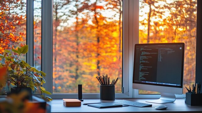 Scenic Fall Background for Virtual Webinar with Computer Setup