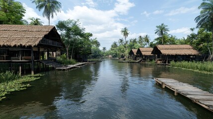 Fototapeta premium Serene riverside village with thatched houses and lush vegetation.