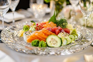 Elegant sushi platter featuring assorted sashimi and garnishes at a fine dining event. Generative AI