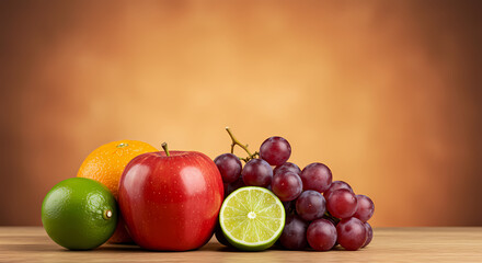 Fresh Fruit Still Life Apples Oranges Grapes Limes on Wood