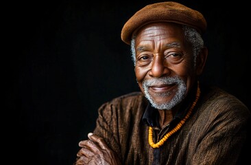 Portrait of an elderly African American man in traditional attire, ideal for celebrating heritage and wisdom during events like Black History Month or senior appreciation day.