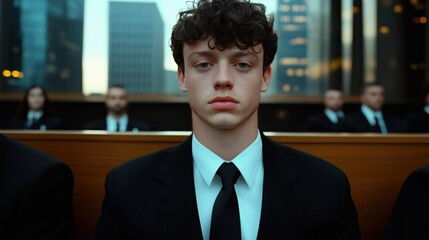 Young man in a black suit sitting in a courtroom with a serious expression, surrounded by other formally dressed individuals.