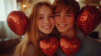 valentine's day couple with heart-shaped balloons