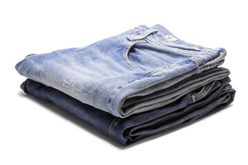 set of folded blue jeans isolated with clipping on white background. flat lay, jeans stacked.