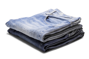 set of folded blue jeans isolated with clipping on white background. flat lay, jeans stacked.