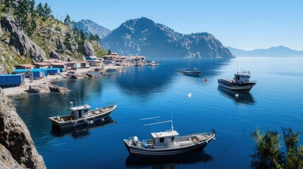 Fototapeta premium Coastal Village with Fishing Boats