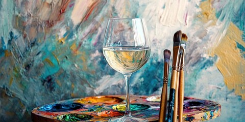 Fototapeta premium White wine glass on an artist's palette with paintbrushes, against an abstract background.