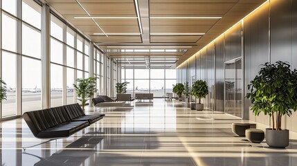 Modern Business Hall Interior Design with Natural Lighting and Plants