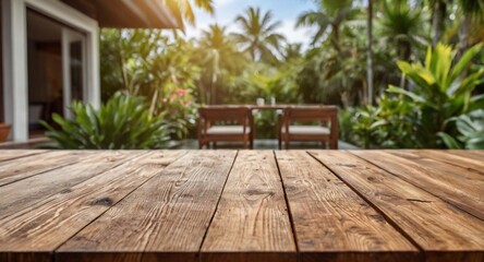 Empty wood table top on a tropical home terrace setting with a blurred background. The focus is on the table surface.
