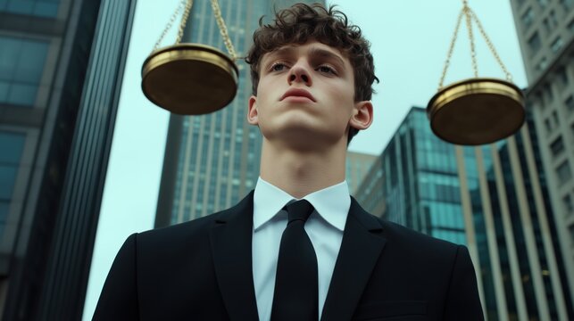 Young businessman in formal black suit standing with a serious expression outdoors near a justice scale, symbolizing balance and justice, in a city environment with tall buildings in the background. - Powered by Adobe