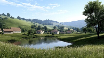 Obraz premium Serene Village Landscape