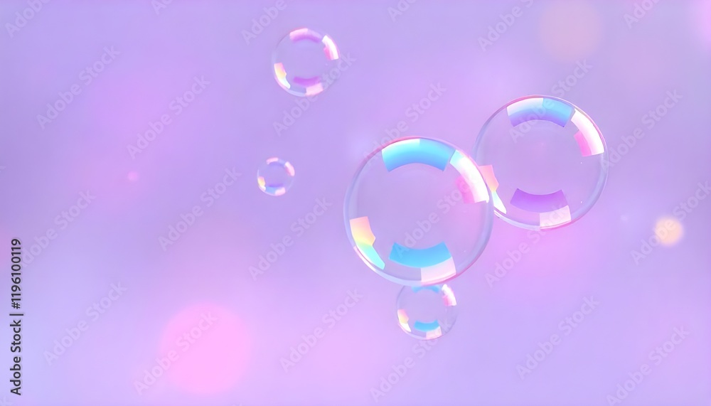 Poster colorful abstract bubbles gently floating amidst a soft, blurred background of pink and blue light, 