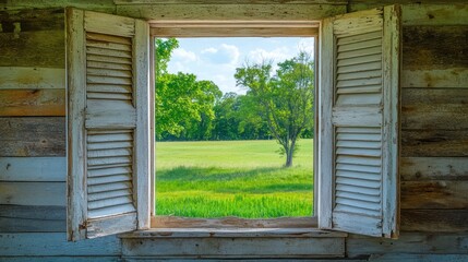 Fototapeta premium Rustic Window View: A Serene Spring Meadow