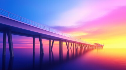 Sunset over a serene pier extending into calm waters.