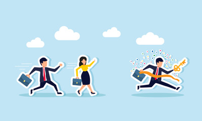 Businessmen race to the finish line, but the winner is the one carrying a key, illustration of competition to become a businessman offering relevant solutions to the market