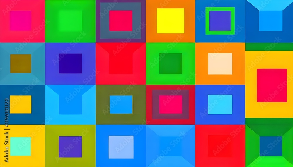 Fototapete Vibrant, colorful squares arranged in a modern geometric pattern, creating a dynamic and visually stimulating design with bold contrasts and sharp edges