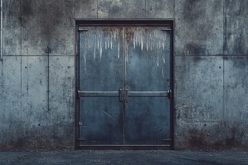 Rusty metallic door against a concrete wall with water streaks and aging features in an industrial setting. Generative AI
