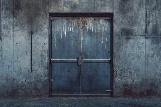 Rusty metallic door against a concrete wall with water streaks and aging features in an industrial setting. Generative AI