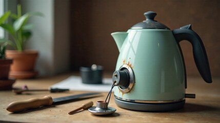 A vintage-style electric kettle requiring repair, displayed on a wooden surface with tools and potted plants in the background