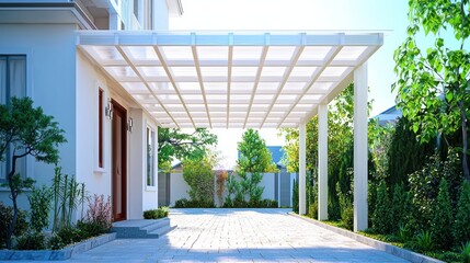 Fototapeta premium Modern carport with a paved driveway and landscaped surroundings.