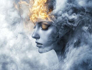 Fototapeta premium A humanoid face made of wind and fire, with smoke swirling around her head. She has long hair that flows in the air. 