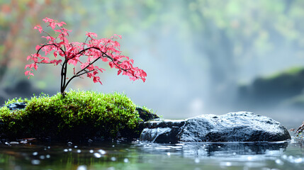 A serene scene featuring a vibrant red tree on a mossy rock near calm water, surrounded by a misty atmosphere, evoking tranquility and natural beauty