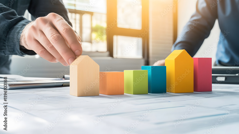 Poster two hands arranging colorful building blocks on a blueprint, symbolizing planning and construction i