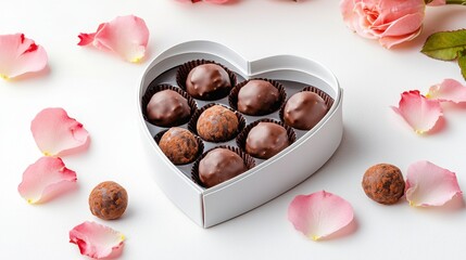 Heart-shaped Box of Chocolates Concept. Heart-shaped box filled with chocolates surrounded by rose petals