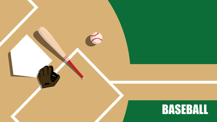 Top view of baseball equipment near home plate. Baseball bat, glove, and ball. Basebal game setup. Flat design vector background illustration