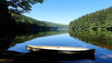 Serene lake view with a boat by the shore and lush greenery.
