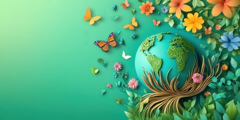 Celebrating Earth Day: A vibrant paper art depiction of our planet surrounded by lush flora and fluttering butterflies, symbolizing environmental preservation and the beauty of nature.