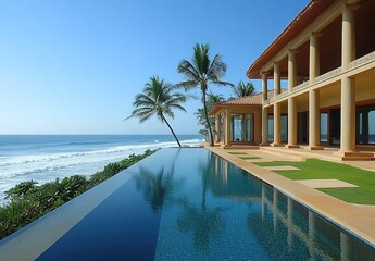 Fototapeta premium A luxurious beachfront villa with an infinity pool overlooking the ocean, surrounded by palm trees and grassy lawns under clear blue skies.