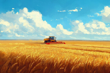 Fototapeta premium Harvester Collecting Ripe Wheat on Vast Agricultural Fields