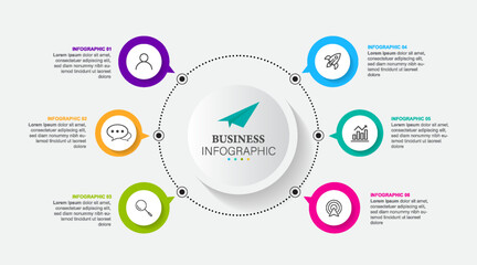 Business 6 step process chart infographics with step circles. Circular corporate graphic elements. Company presentation slide template. Modern vector info graphic layout design.
