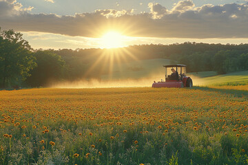 Naklejka premium Mower conditions in alfalfa fields operating as the harvest season begins