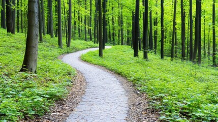 Fototapeta premium Serene winding path through a lush green forest.