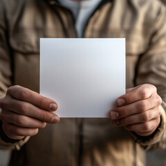 Naklejka premium Man Holding a Blank White Square Card Against Blurred Background