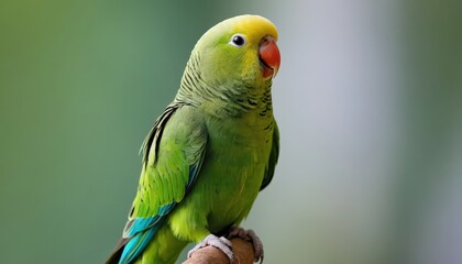 Naklejka premium Close-up of a vibrant green parrot perched on a branch.