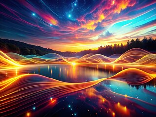 Serene Futuristic Landscape: Abstract Digital Waveforms Illuminated by Soft Lights