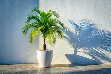 Fototapeta premium Sunlight Shadows on White Wall with Palm Tree in Planter