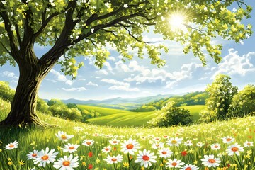 Fototapeta premium Spring Meadow Landscape Painting