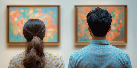 Couple Looking at Art in a Gallery or Museum Interior Scene