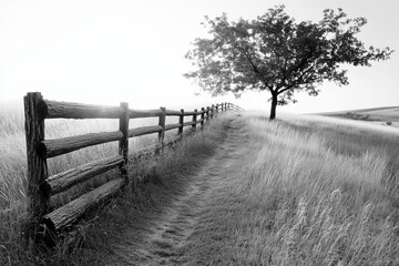 Fototapeta premium Sturdy Rail Fence in Prairie Trail Leading to Open Wilderness and Adventure
