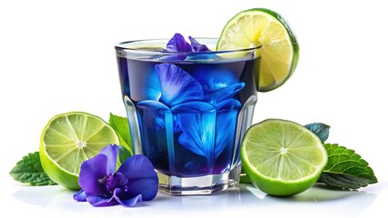 Vibrant Butterfly Pea Flower Juice with Lime - Isolated on White Background