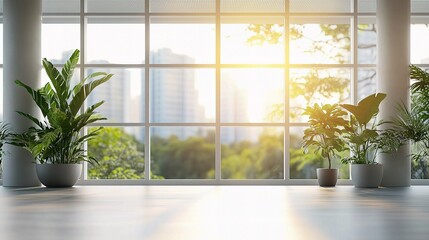 Fototapeta premium Bright Office Space with Large Windows and Lush Green Plants