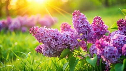 Obraz premium Vibrant Lilac Blossoms in Lush Green Meadow - Spring Floral Landscape Photography
