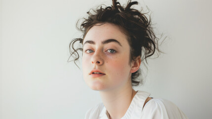 Young Woman's Reflective Gaze, Casual Elegance Against a Pure White Canvas