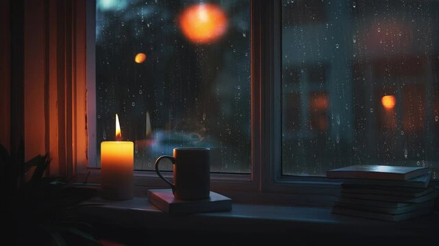 Rain and raindrops flowing on a glass window and relaxing rain sound ASMR, night rainy scenery with candles, books and coffee on the desk
